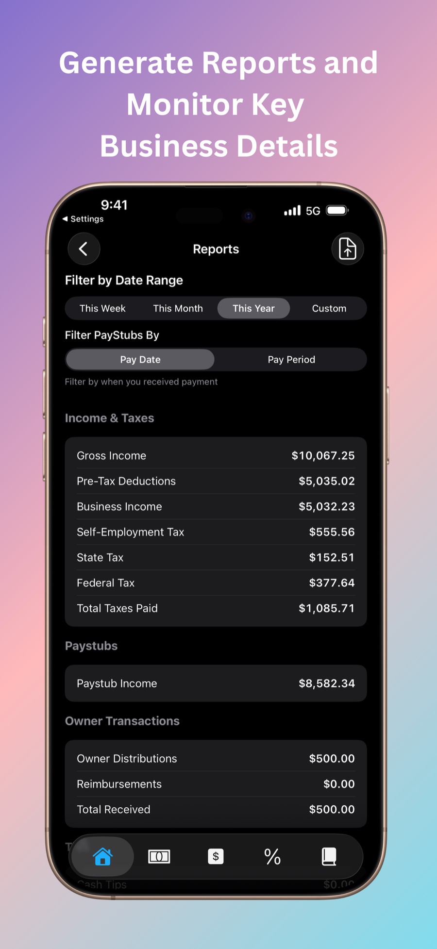 Reports screen with income and taxes totals for the year. Caption: Generate reports and monitor key business details.
