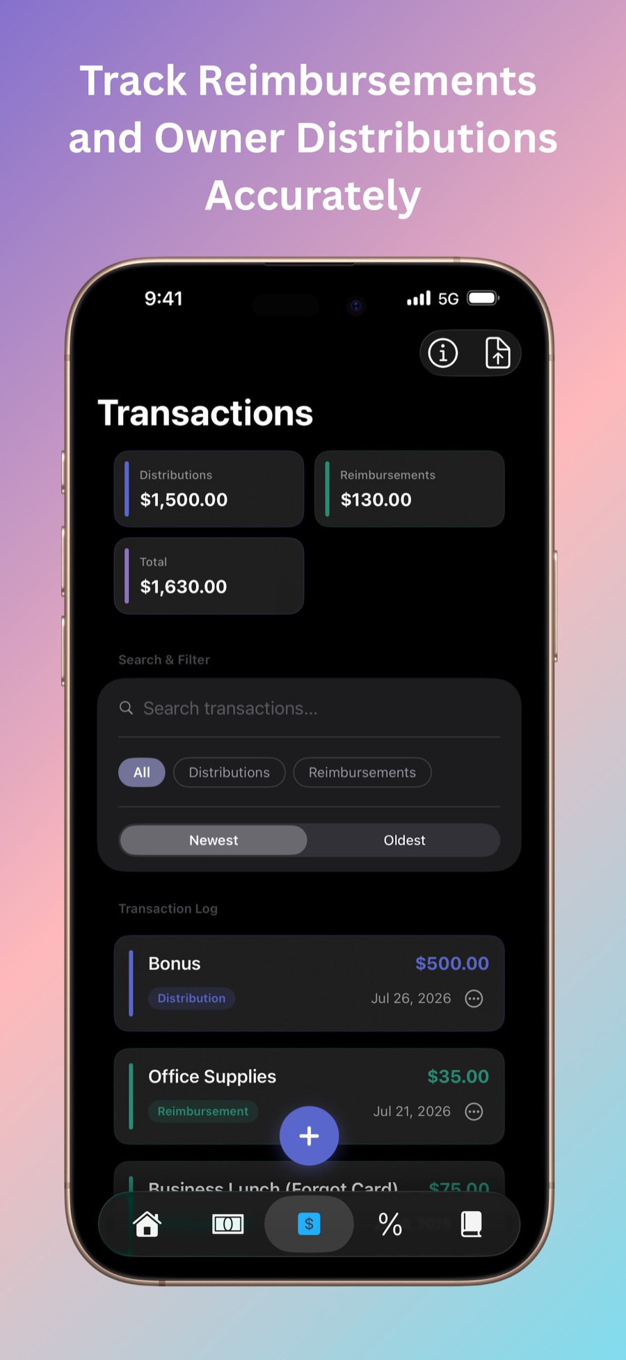 Transactions screen with distributions and reimbursements. Caption: Track reimbursements and owner distributions accurately.