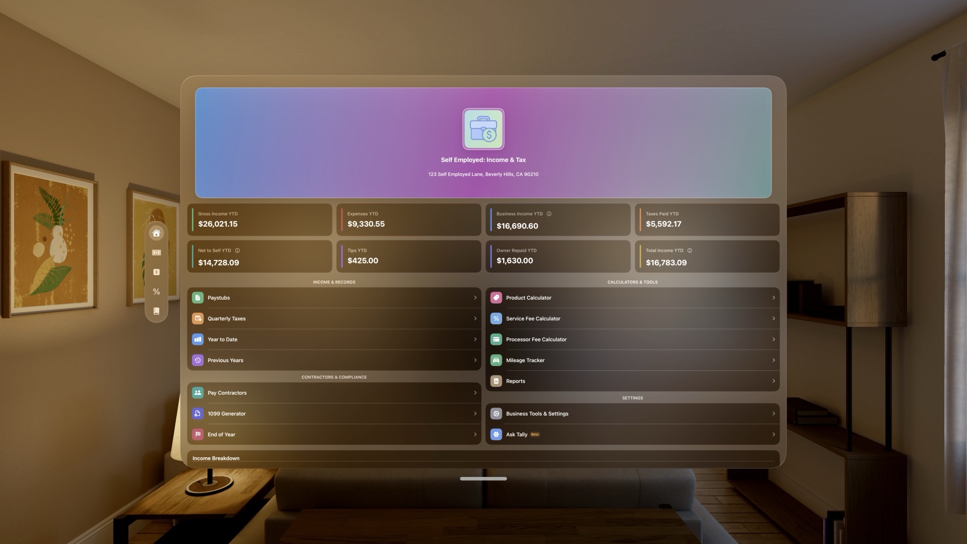 Self Employed dashboard as a large glass window floating in a living room on Apple Vision Pro.