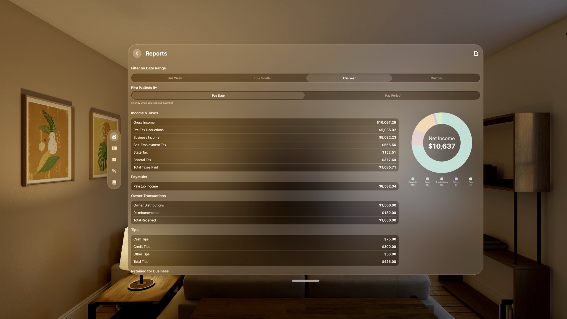Reports window on Apple Vision Pro with a net income donut chart.