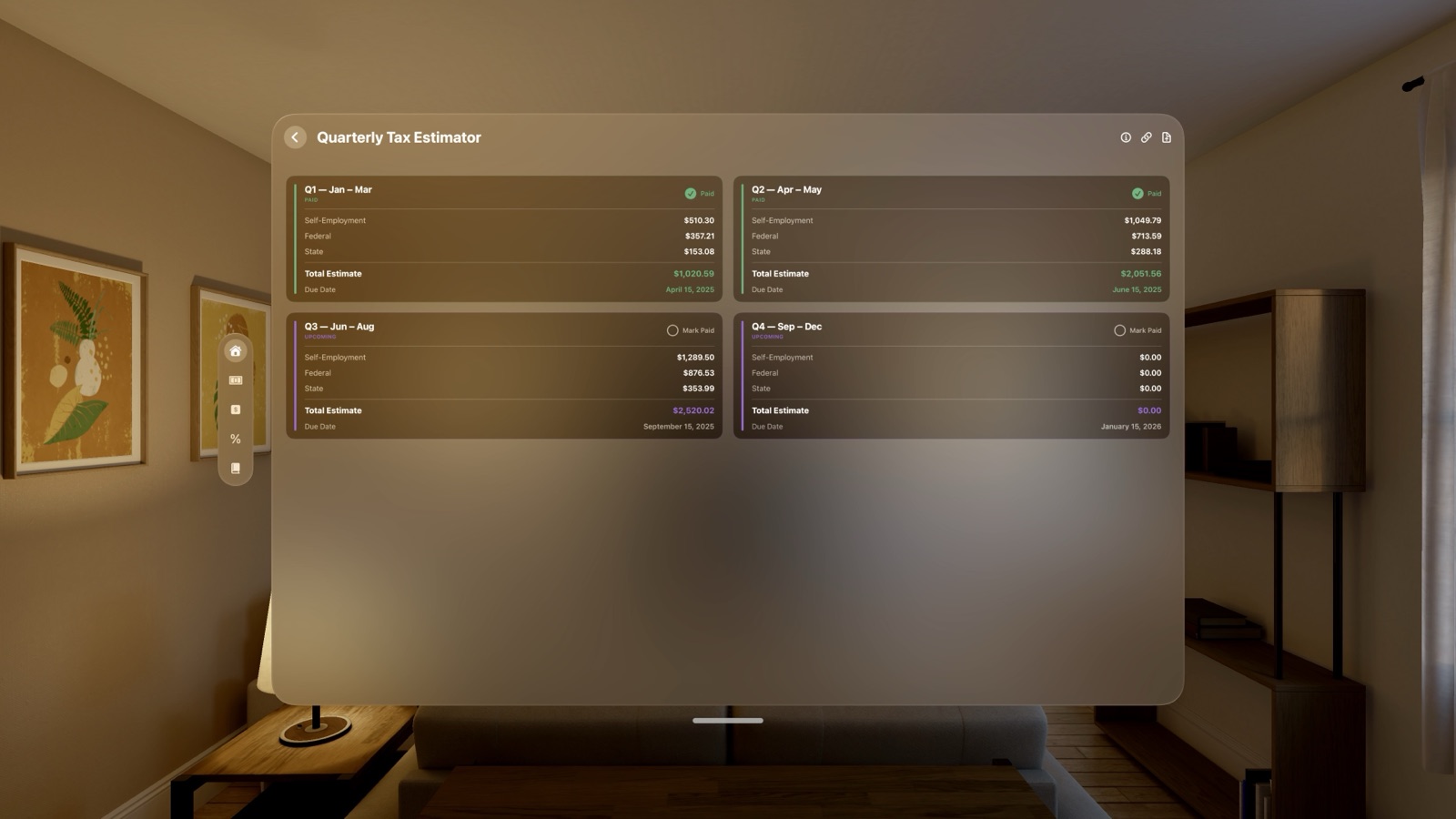 Quarterly Tax Estimator window on Apple Vision Pro showing four quarters.