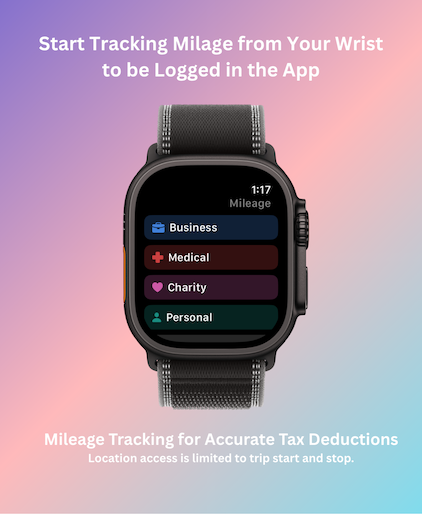 Apple Watch showing mileage trip categories: Business, Medical, Charity, Personal.
